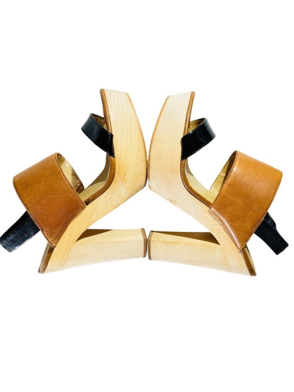 LEVITY Leather & Patent Platform Sandals With Elastic Strap & Wooden Block Heels - Picture 5 of 11